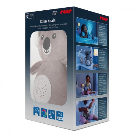 Jucarie din plus Koko Koala, lampa de veghe si proiector de stele cu muzica, senzor inteligent de plans, 0+ luni, Reer 52431