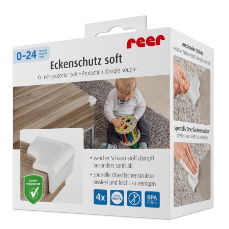 Set 4 protectii de colturi din spuma poliuretan, cu banda adeziva 3M, rezistenta la muscaturi, albe, Reer 82030