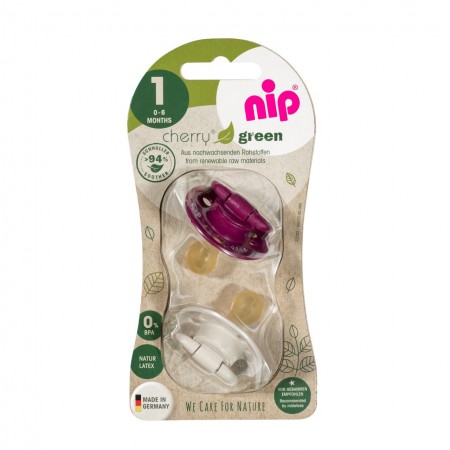 Set 2 suzete Cherry Green Girl cu tetina din latex natural, forma rotunda, cu inel, 0-6 luni, nip 38588 Set 2 suzete Cherry Green Girl cu tetina din latex natural, forma rotunda, cu inel, 0-6 luni, nip 38588