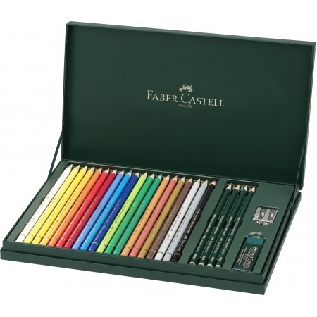 Set cadou 20 creioane colorate polychromos + 4 creioane grafit castell + accesorii faber-castell
