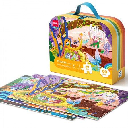 Puzzle geanta cadou 89 piese efect luminos dinozauri 4+ deli