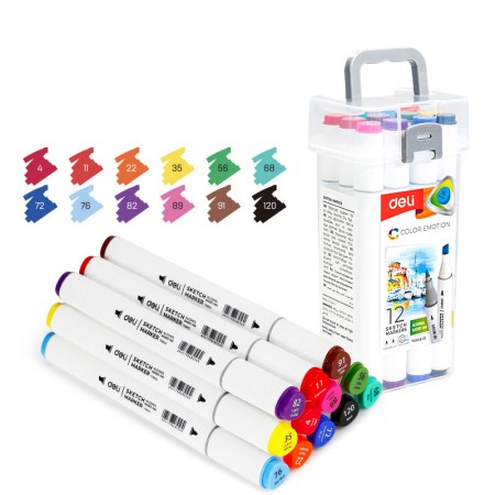 Set 12 markere sketching varf dublu rotund 1mm/tesit 7mm cut plastic color emotion deli
