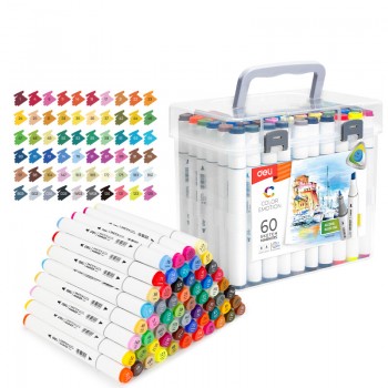 Set 60 markere sketching varf dublu rotund 1mm/tesit 7mm cutie plastic color emotion deli