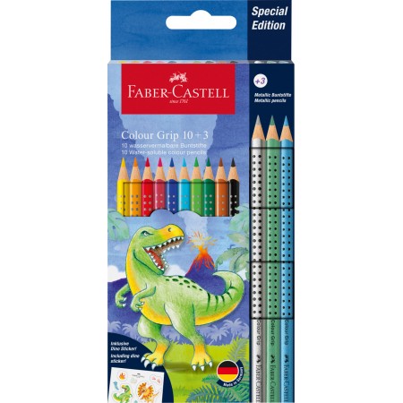 Set promo creioane colorate 10+3 culori grip 2001 dinozauri faber-castell