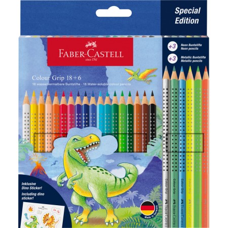 Set promo creioane colorate 18+6 culori grip 2001 dinozauri faber-castell